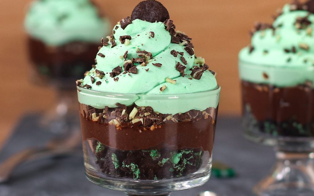 individual mint Oreo trifle in small glass bowl