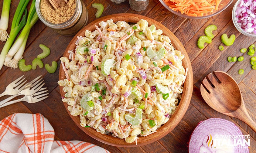 overhead: vegetarian pasta salad in wooden bowl