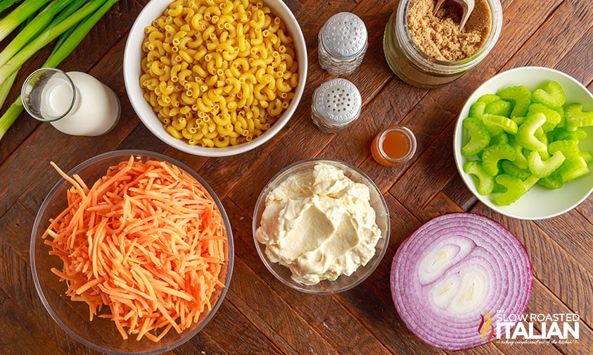 ingredients in bowls for hawaiian mac salad