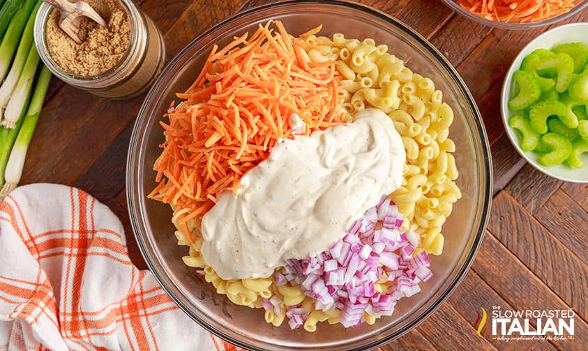 easy pasta salad recipe ingredients in bowl