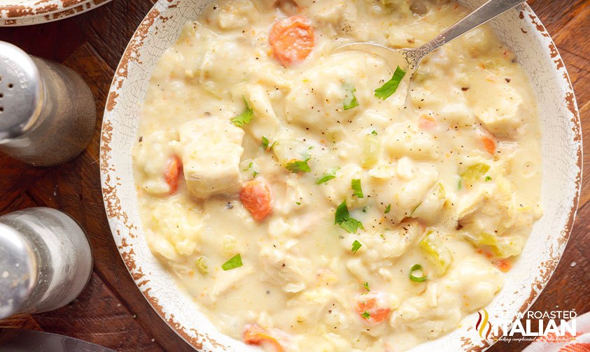 overhead: bowl of pressure cooker chicken and dumplings