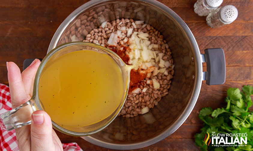 pouring chicken stock into instant pot