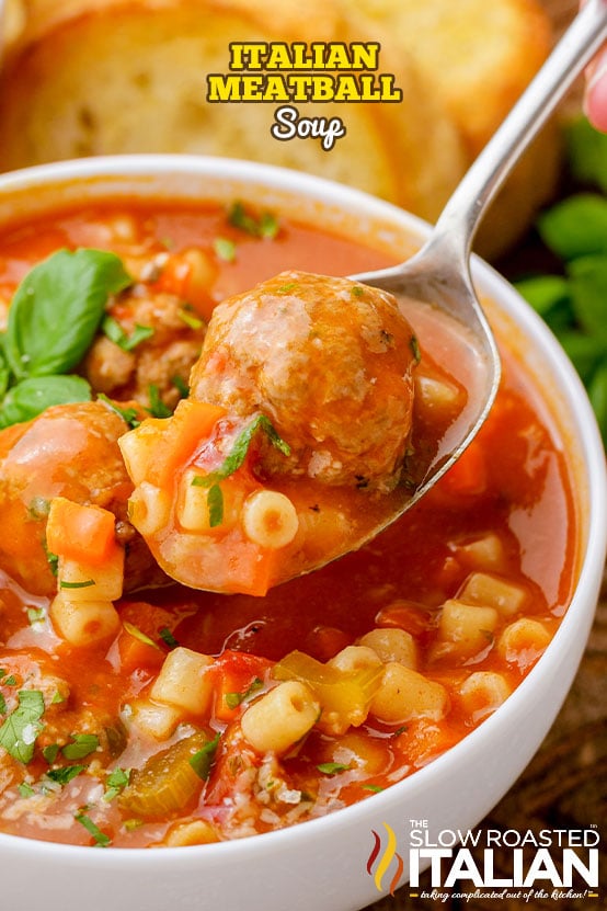 titled (shown on spoon in bowl) italian meatball soup