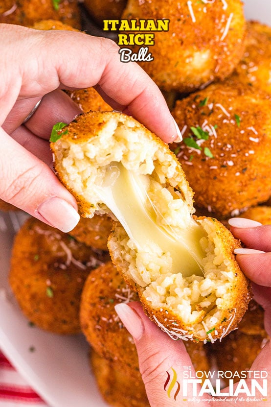 titled (shown in woman's hand) Italian rice balls