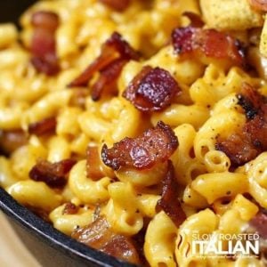 whiskey cheese sauce and crispy peppered bacon on macaroni