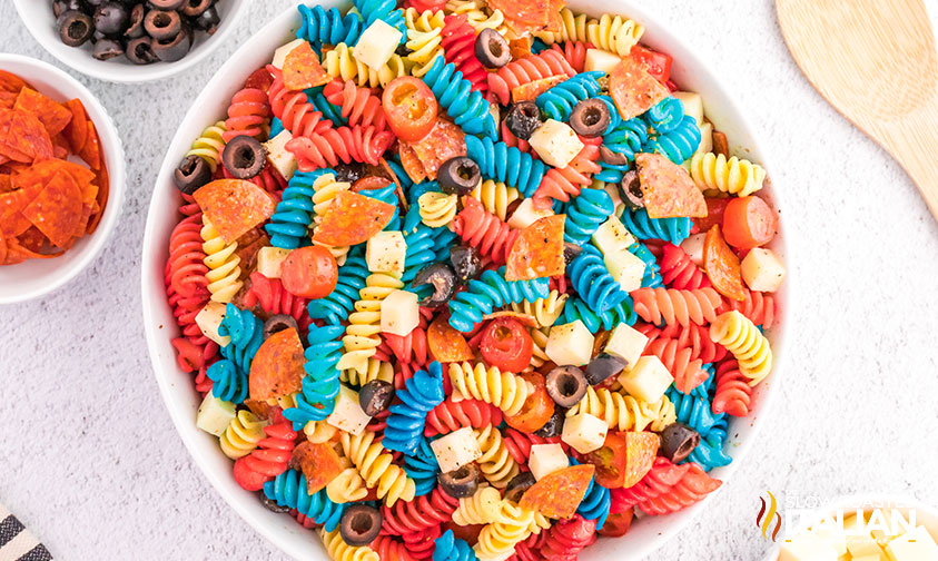 overhead 4th of July pasta salad in bowl