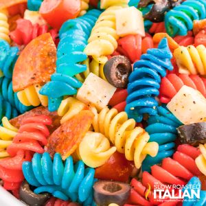 4th of July pasta salad, close up