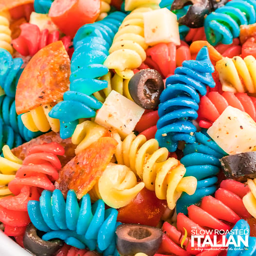 4th of July pasta salad, close up