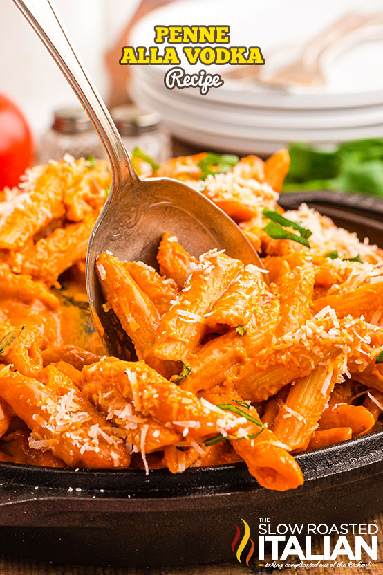 titled (shown in casserole dish) penne alla vodka