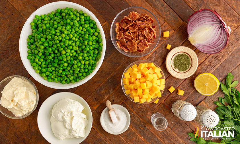 overhead: bowls of ingredients for pea salad recipe