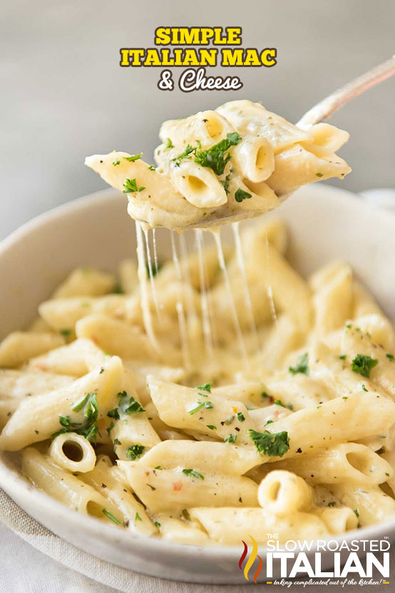 titled (shown on fork above bowl) Italian mac and cheese