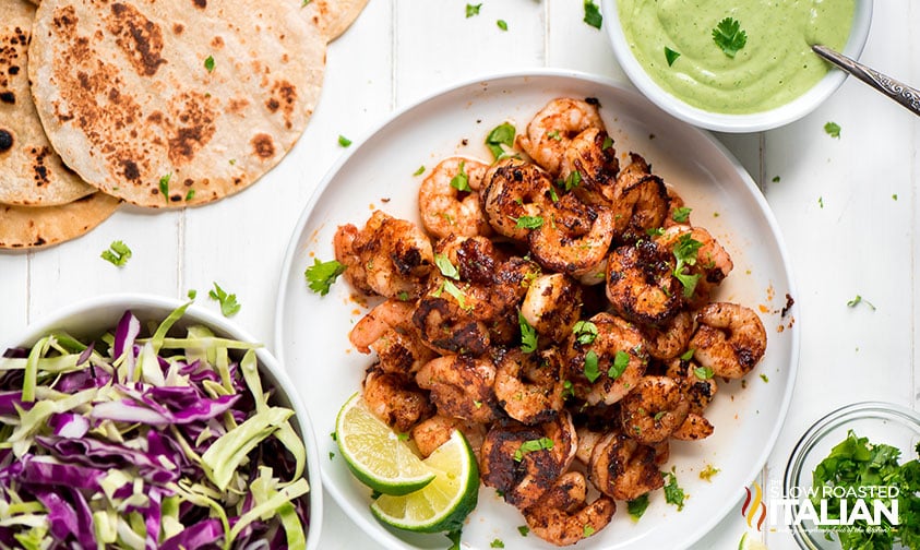 overhead: easy shrimp taco recipe ingredients on counter