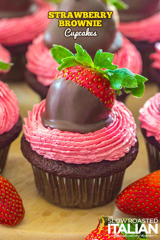 chocolate covered strawberry on top of brownie cupcakes