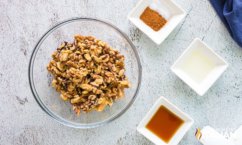 overhead: ingredients in bowls for toasted walnuts recipe