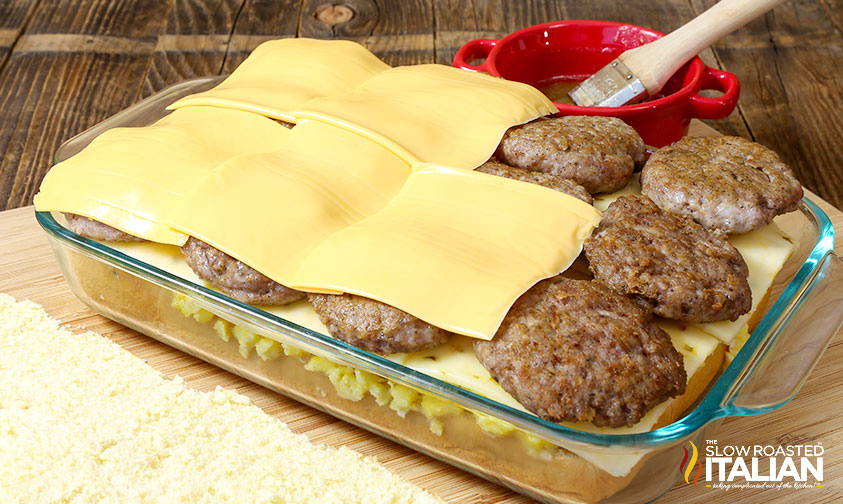 American cheese slices on breakfast sausage patties