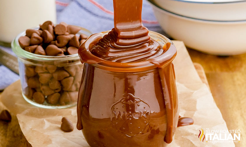 thick hot fudge dripping over sides of Weck jar