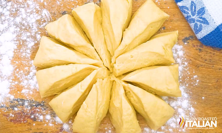 overhead: wedges of sweet bread dough on floured counter