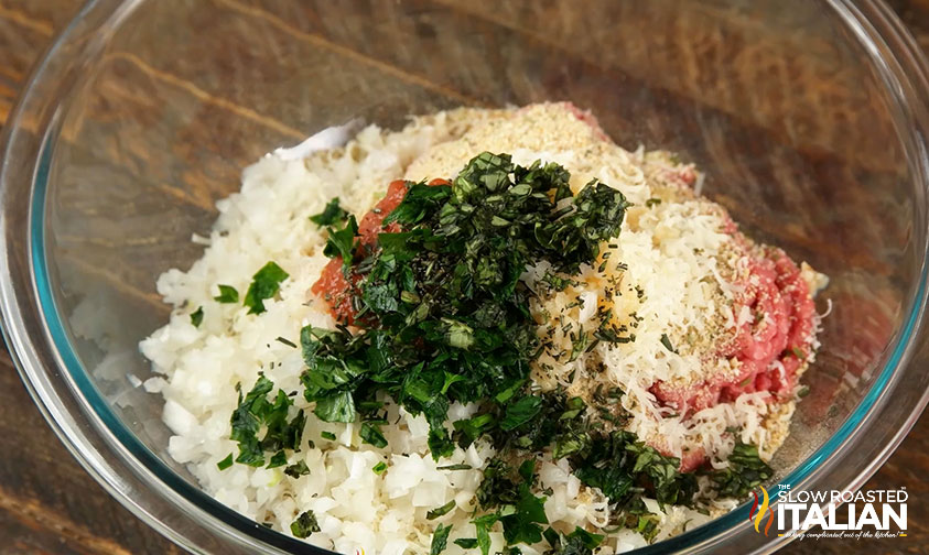 baked meatballs recipe ingredients in a bowl