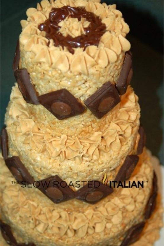 tiered cake made with krispy treats