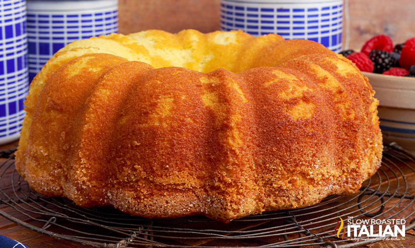 golden buttermilk cake on cooling rack