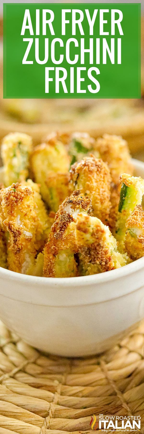 titled image (and shown): air fryer zucchini fries in white bowl