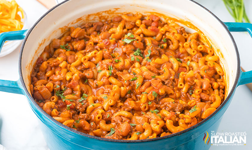 blue pot full of chili mac