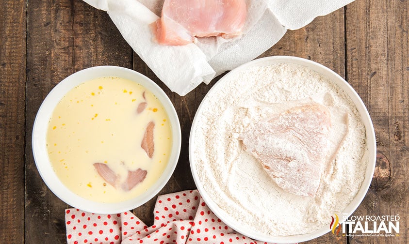 applying breading to poultry for crispy fried chicken sandwich