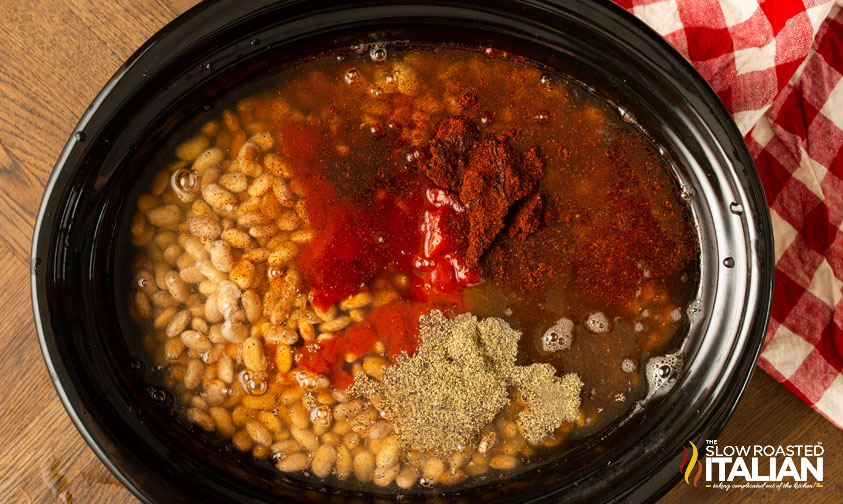 all ingredients for baked beans in the crockpot