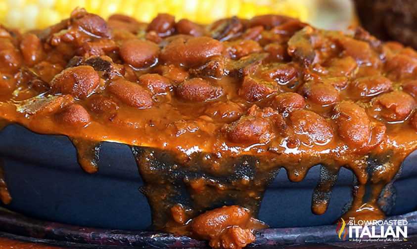 closeup of slow cooker baked beans