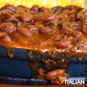 crockpot baked beans with bacon closeup