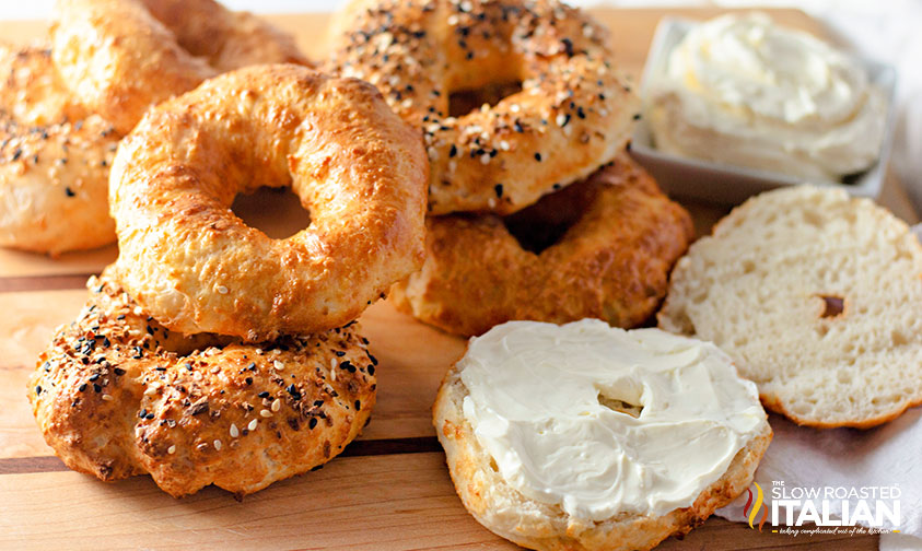 stack of air fryer bagel recipe with cream cheese