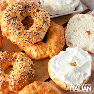 everything bagels close up with cream cheese