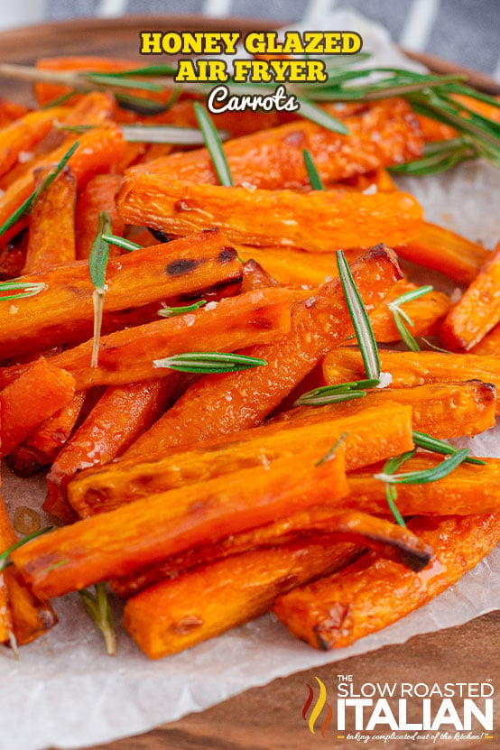 air fried honey glazed carrots with rosemary on parchment paper