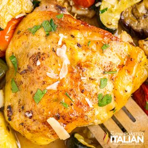 close up of italian sheet pan chicken thighs