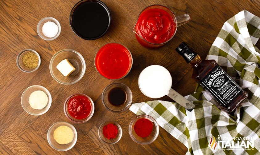 ingredients for jack daniels bbq sauce in small bowls