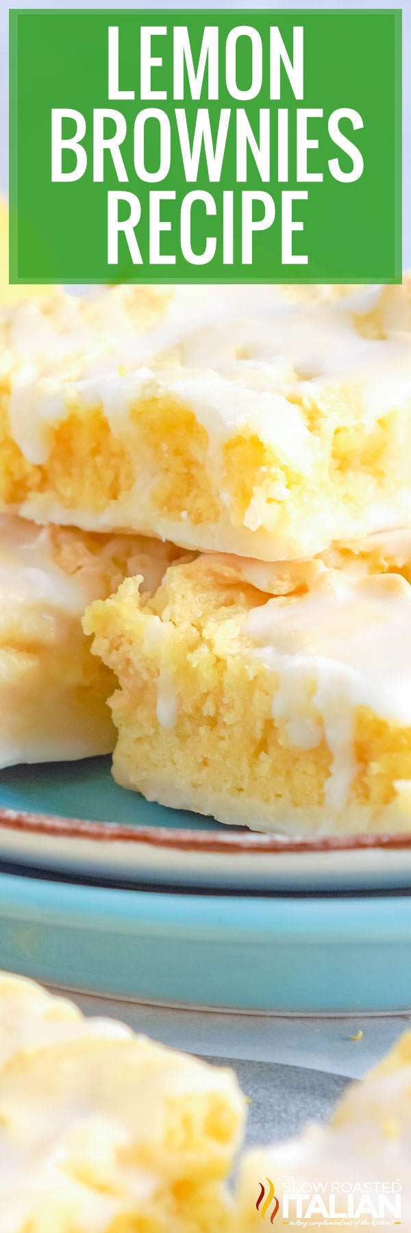 titled image (and shown): lemon brownies with lemon glaze closeup on plate