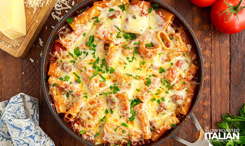 finished skillet of paccheri pasta