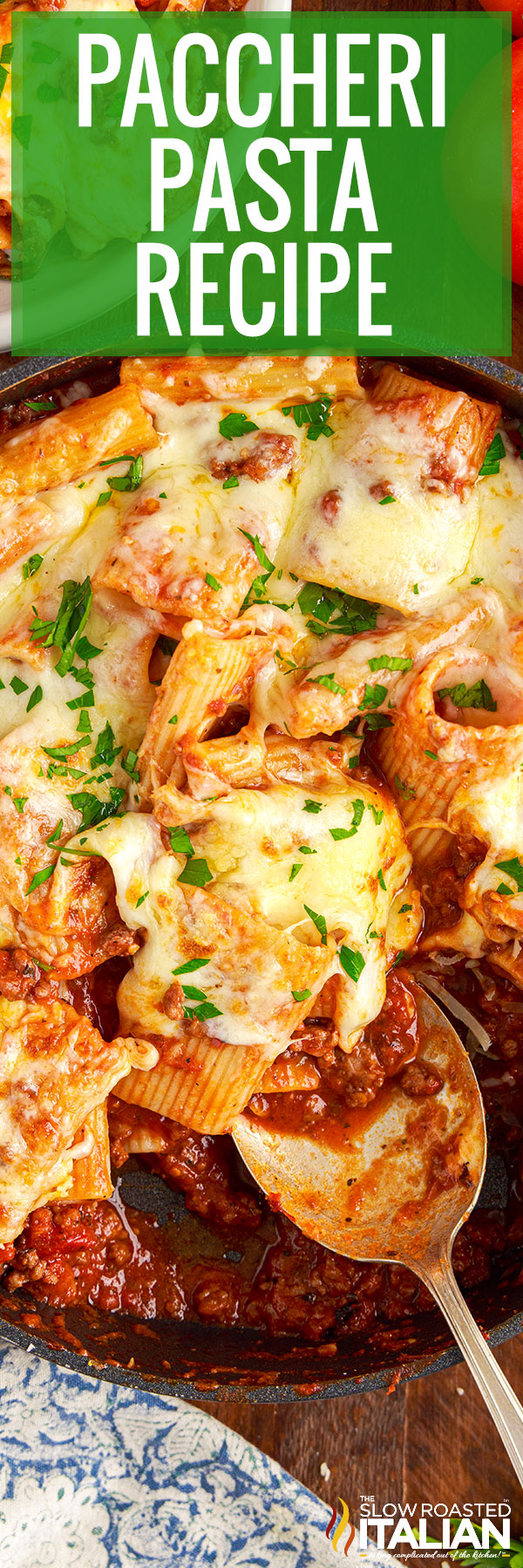 paccheri pasta with serving spoon in pan