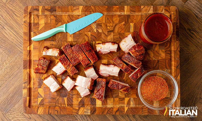 ingredients for pork belly burnt ends on cutting board