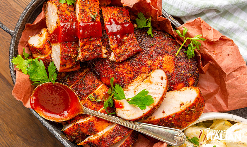 overhead of traegar chicken breast smoked on serving tray