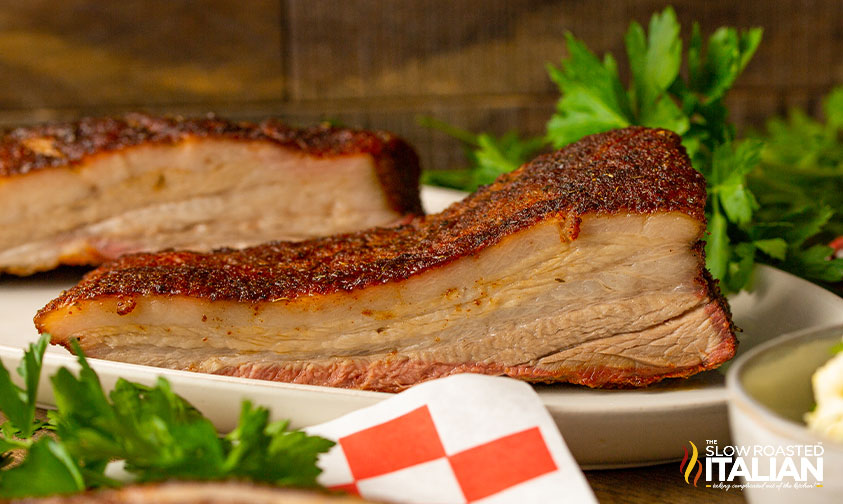 smoked pork belly with bbq rub closeup