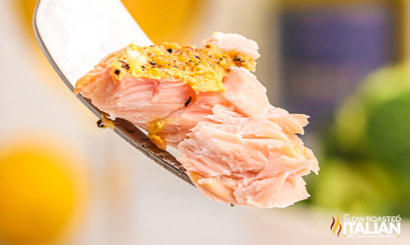 close up of smoked salmon on a fork