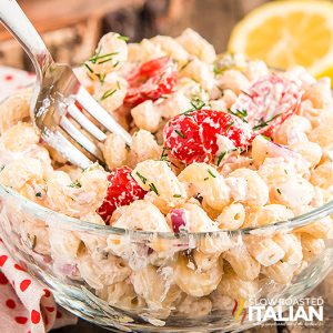 fork in bowl of tuna pasta salad