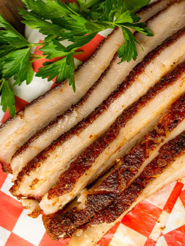 overhead: pork belly in smoker