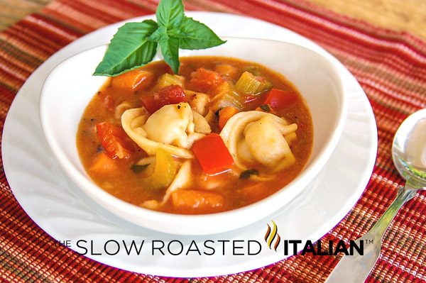 tortellini vegetable soup in bowl