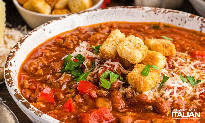 beef and sausage chili in large bowl