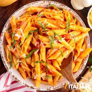 penne pomodoro closeup in bowl