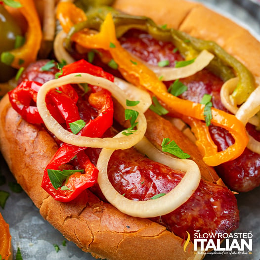 two smoked brats in buns with toppings, closeup.