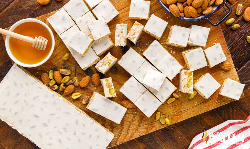torrone sliced into 1 inch squares