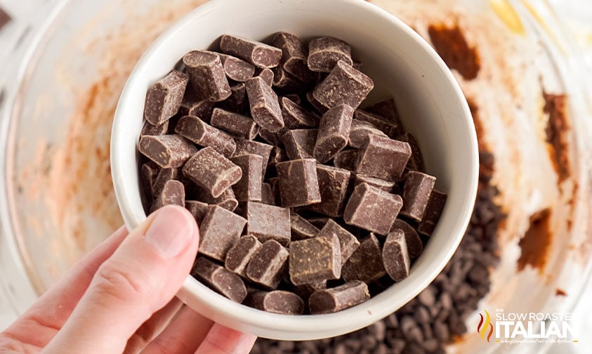 bowl of chocolate chunks for cocoa cookies